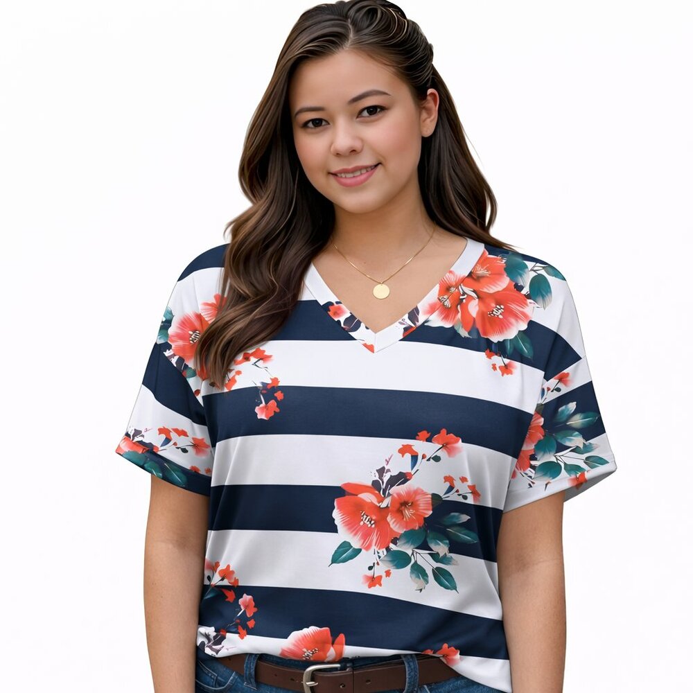 Women's Summer Tops, Short Sleeve, Casual Floral Tee, BLUE FLORAL, Size XL
